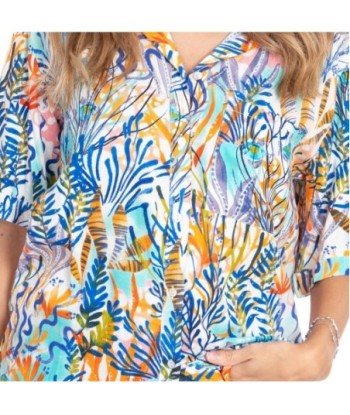 Camisa Rosa Mujer Manga ¾ Estampado Tropical - Camisero de Algodón 100% - Ropa Casual y Elegante para Mujer -