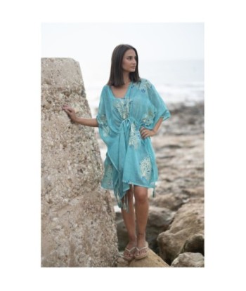 Isla Bonita By SIGRIS Poncho de Algodón Turquesa con Estampado Floral
