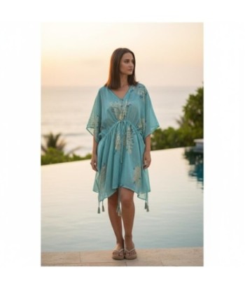 Isla Bonita By SIGRIS Poncho de Algodón Turquesa con Estampado Floral