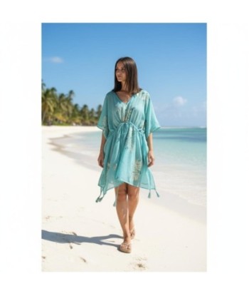 Isla Bonita By SIGRIS Poncho de Algodón Turquesa con Estampado Floral