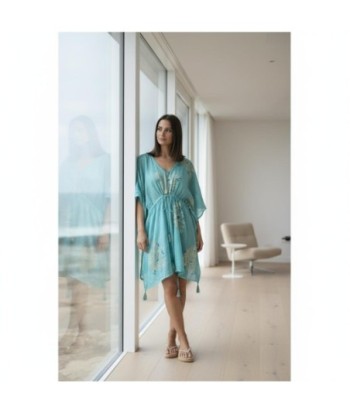 Isla Bonita By SIGRIS Poncho de Algodón Turquesa con Estampado Floral