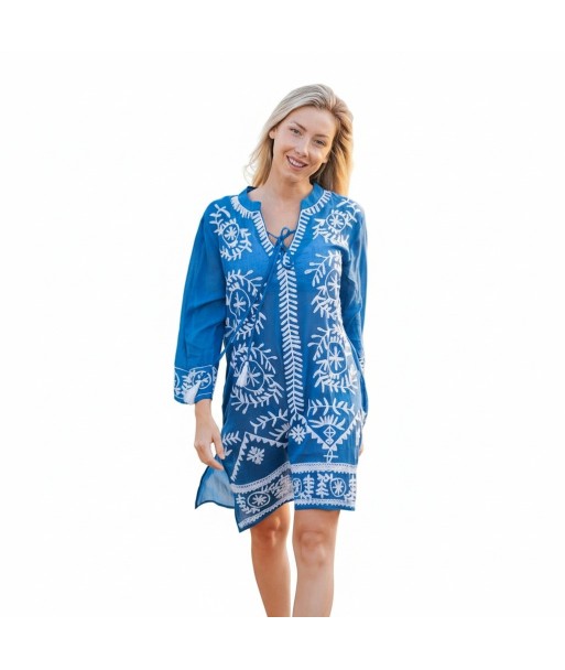 Isla Bonita By SIGRIS Kurta de Algodón Azul con Bordado Artesanal