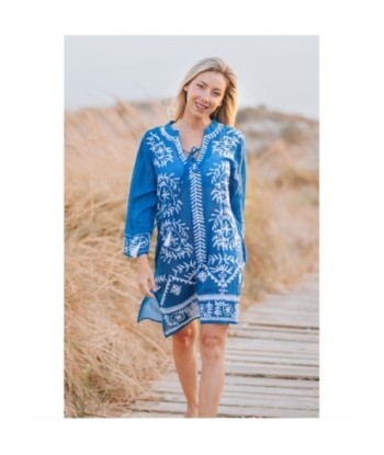 Isla Bonita By SIGRIS Kurta de Algodón Azul con Bordado Artesanal