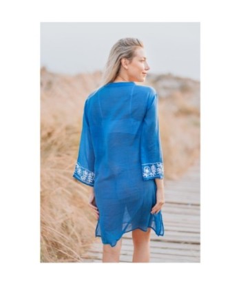 Isla Bonita By SIGRIS Kurta de Algodón Azul con Bordado Artesanal