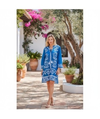 Isla Bonita By SIGRIS Kurta de Algodón Azul con Bordado Artesanal