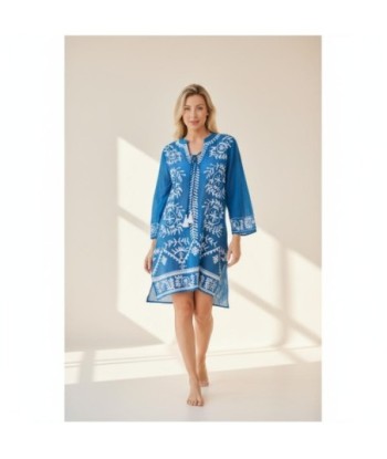 Isla Bonita By SIGRIS Kurta de Algodón Azul con Bordado Artesanal