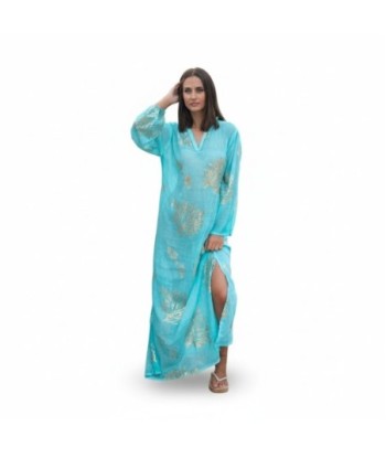 Isla Bonita By SIGRIS Vestido Largo de Algodón Turquesa con Detalles Dorados