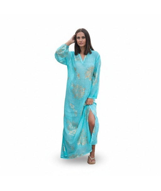 Isla Bonita By SIGRIS Vestido Largo de Algodón Turquesa con Detalles Dorados