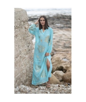 Isla Bonita By SIGRIS Vestido Largo de Algodón Turquesa con Detalles Dorados