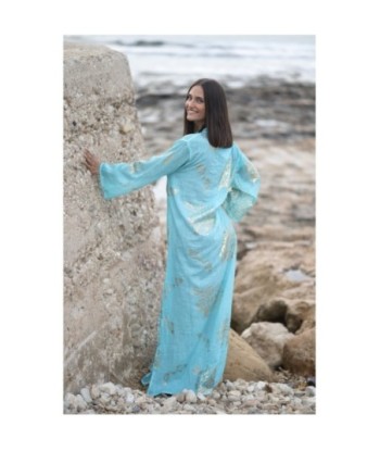 Isla Bonita By SIGRIS Vestido Largo de Algodón Turquesa con Detalles Dorados