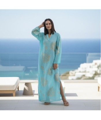 Isla Bonita By SIGRIS Vestido Largo de Algodón Turquesa con Detalles Dorados