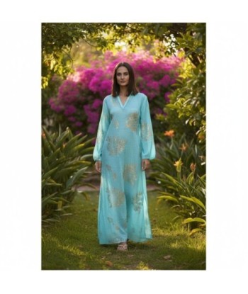Isla Bonita By SIGRIS Vestido Largo de Algodón Turquesa con Detalles Dorados