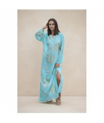 Isla Bonita By SIGRIS Vestido Largo de Algodón Turquesa con Detalles Dorados