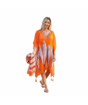 Isla Bonita By SIGRIS Poncho de Algodón con Diseño de Peces en Color Naranja