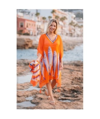 Isla Bonita By SIGRIS Poncho de Algodón con Diseño de Peces en Color Naranja