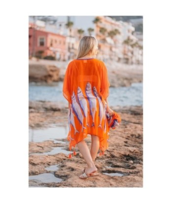 Isla Bonita By SIGRIS Poncho de Algodón con Diseño de Peces en Color Naranja