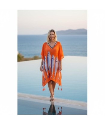 Isla Bonita By SIGRIS Poncho de Algodón con Diseño de Peces en Color Naranja