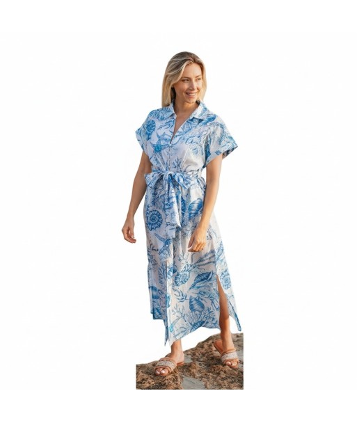 Isla Bonita By SIGRIS Vestido Camisero de Algodón con Estampado Floral Azul