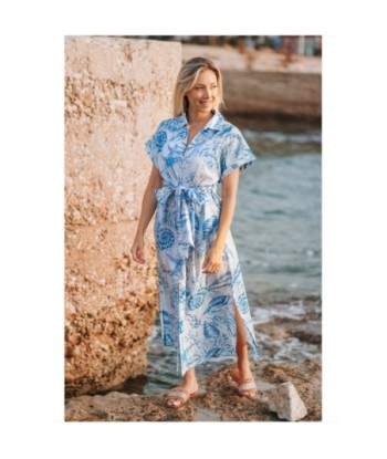 Isla Bonita By SIGRIS Vestido Camisero de Algodón con Estampado Floral Azul