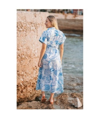 Isla Bonita By SIGRIS Vestido Camisero de Algodón con Estampado Floral Azul