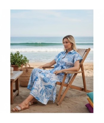 Isla Bonita By SIGRIS Vestido Camisero de Algodón con Estampado Floral Azul