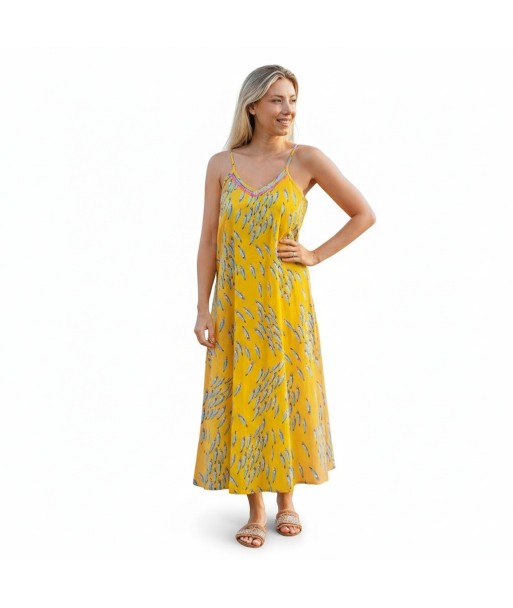 Isla Bonita By SIGRIS Vestido Midi Amarillo 100% Algodón con Estampado