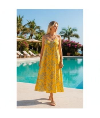 Isla Bonita By SIGRIS Vestido Midi Amarillo 100% Algodón con Estampado