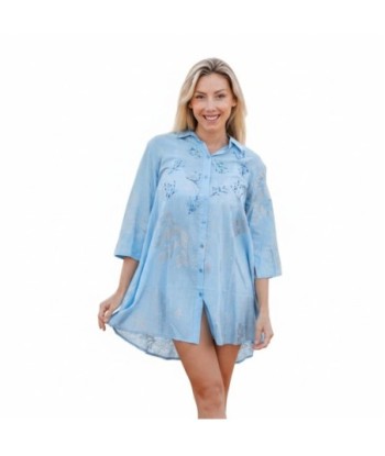 Isla Bonita By SIGRIS Vestido Camisero de Algodón Azul con Detalles Bordados