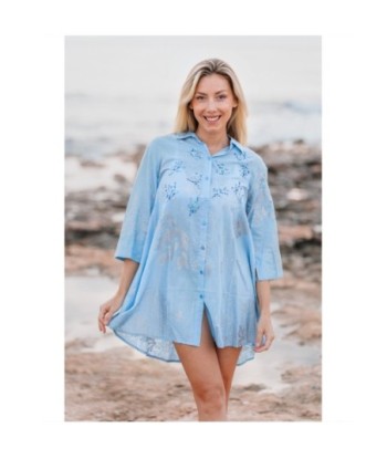 Isla Bonita By SIGRIS Vestido Camisero de Algodón Azul con Detalles Bordados