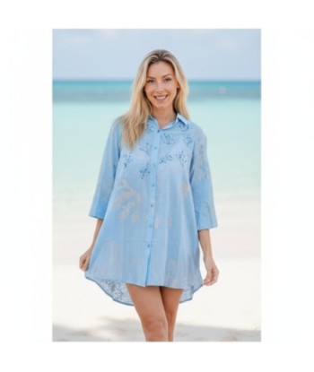 Isla Bonita By SIGRIS Vestido Camisero de Algodón Azul con Detalles Bordados