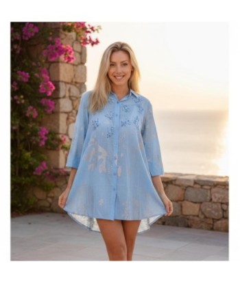 Isla Bonita By SIGRIS Vestido Camisero de Algodón Azul con Detalles Bordados