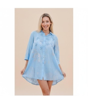 Isla Bonita By SIGRIS Vestido Camisero de Algodón Azul con Detalles Bordados