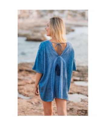 Isla Bonita By SIGRIS Poncho de Algodón Bordado Azul