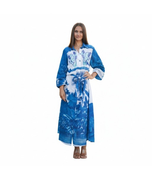 Isla Bonita By SIGRIS Vestido Camisero de Algodón con Estampado Tropical Azul