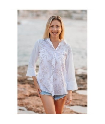 Isla Bonita By SIGRIS Camisa de Verano 100% Algodón con Bordado Floral
