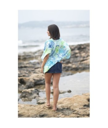 Isla Bonita By SIGRIS Poncho de Algodón Estampado Azul y Verde