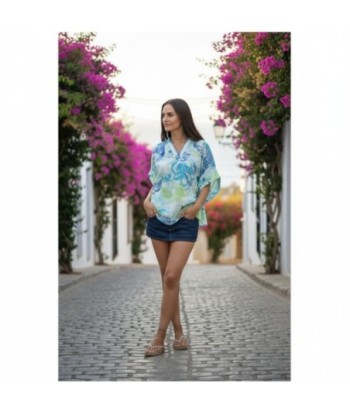 Isla Bonita By SIGRIS Poncho de Algodón Estampado Azul y Verde