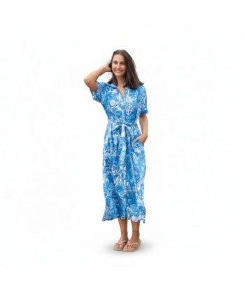 Isla Bonita By SIGRIS Vestido Camisero de Algodón Azul con Diseño Floral