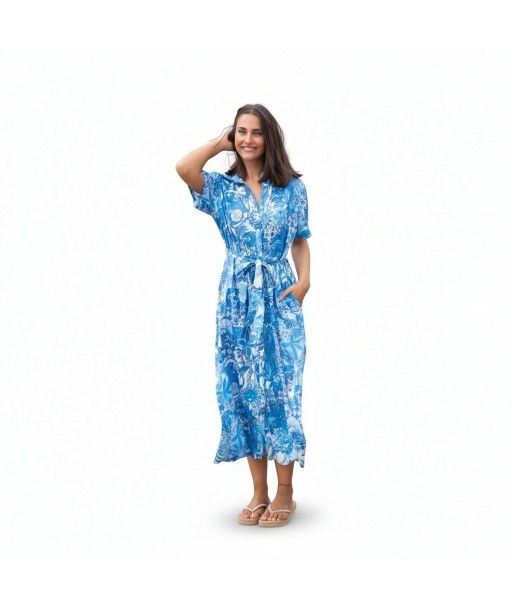 Isla Bonita By SIGRIS Vestido Camisero de Algodón Azul con Diseño Floral