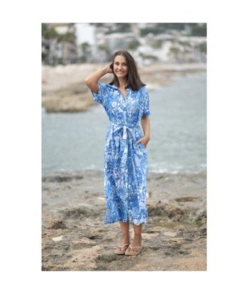 Isla Bonita By SIGRIS Vestido Camisero de Algodón Azul con Diseño Floral