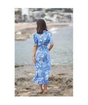 Isla Bonita By SIGRIS Vestido Camisero de Algodón Azul con Diseño Floral