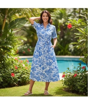 Isla Bonita By SIGRIS Vestido Camisero de Algodón Azul con Diseño Floral