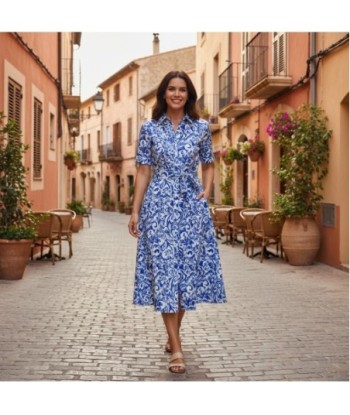 Isla Bonita By SIGRIS Vestido Camisero de Algodón Azul con Diseño Floral