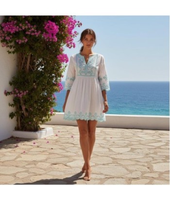 Isla Bonita By SIGRIS Vestido Corto de Algodón con Bordado Turquesa