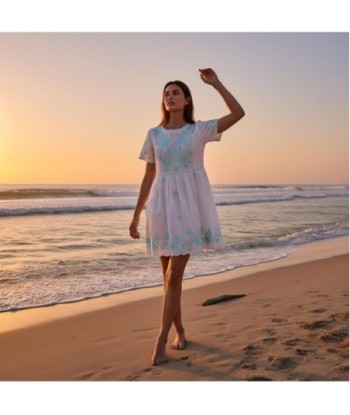 Isla Bonita By SIGRIS Vestido Corto de Algodón con Bordado Turquesa