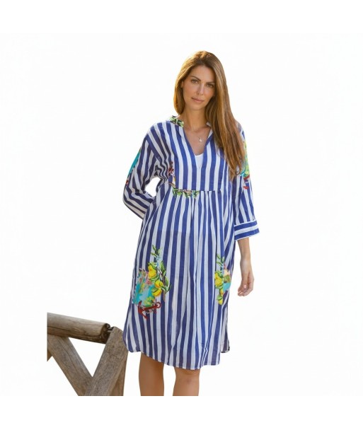 Isla Bonita By SIGRIS Vestido Midi de Algodón Rayado con Estampado Floral