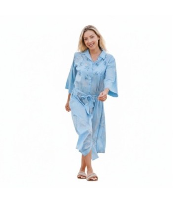 Isla Bonita By SIGRIS Vestido Camisero de Algodón Azul con Detalles Florales