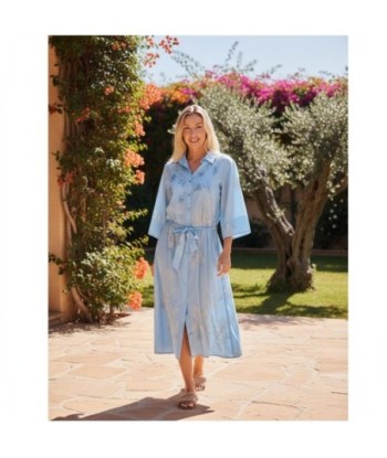 Isla Bonita By SIGRIS Vestido Camisero de Algodón Azul con Detalles Florales