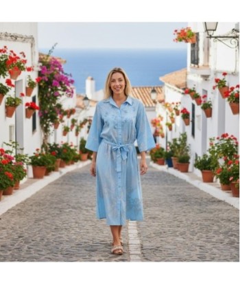 Isla Bonita By SIGRIS Vestido Camisero de Algodón Azul con Detalles Florales