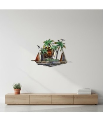 Adorno Pared Isla de Metal con Diseño Tropical y Barcos